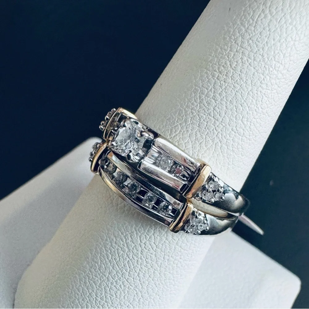 14K White and Yellow Gold Diamond Bridal Ring Set size 8.25